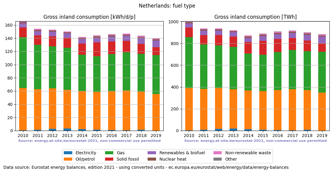 Gross inland energy consumption in 2019 for the Netherlands