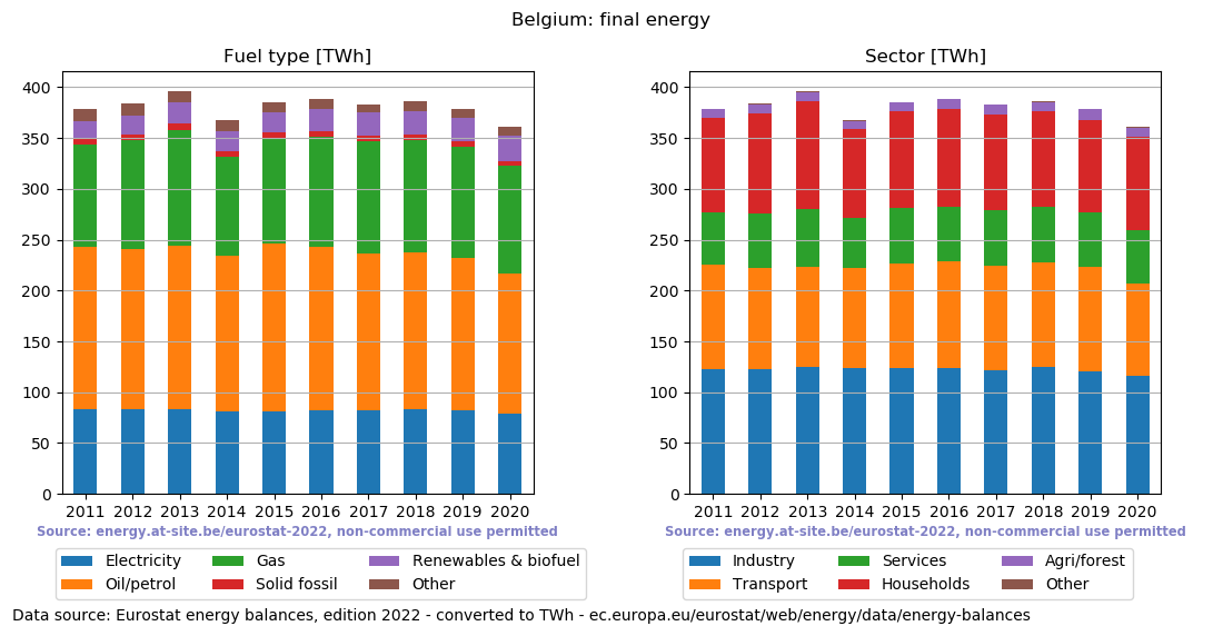 Final energy consumption in Belgium for fuel type and sector