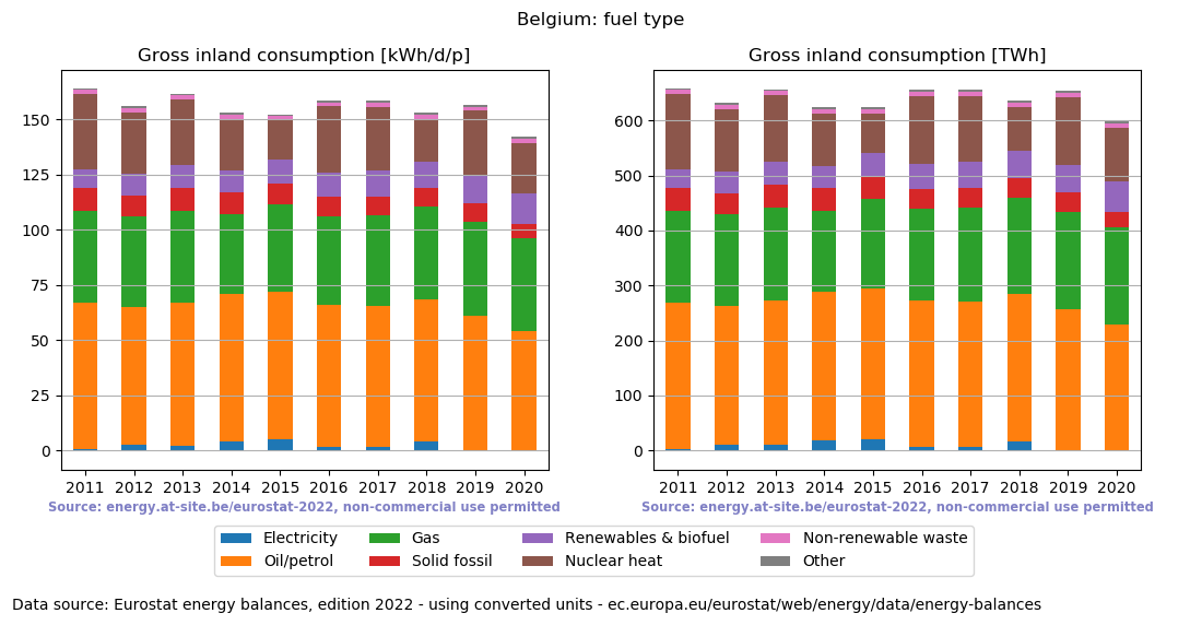 Gross inland energy consumption in 2020 for Belgium